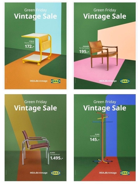 A series of minimalist creative assets featuring individual vintage furniture pieces set against striking, geometric color-blocked backgrounds.