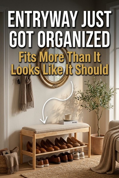 A static 2:3 ad showing an entryway shoe bench, highlighting its storage capacity through a visual arrow hook and clean, home-staging aesthetic.
