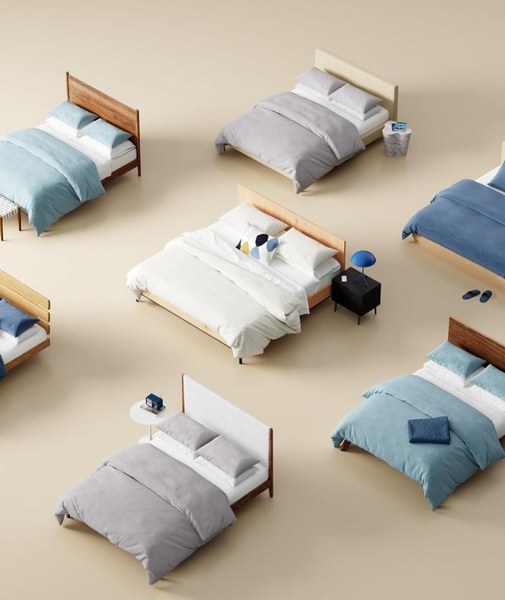 A high-angle, top-down view of multiple bed frame styles arranged in a clean grid pattern on a neutral, minimalist background.