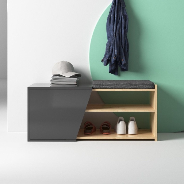 A clean, minimalist product hero shot of an entryway bench, emphasizing organizational storage and a modern aesthetic.