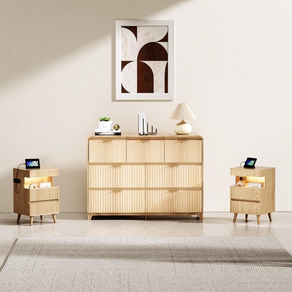 This creative showcases a minimalist bedroom setup featuring a wooden dresser flanked by matching nightstands, emphasizing clean, balanced interior design.