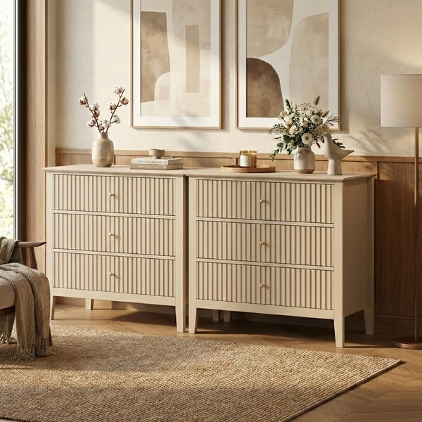 A side-by-side product shot of a modern fluted wooden dresser in a warm, minimalist home interior setting.
