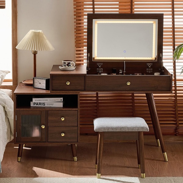 vanity desk, makeup vanity, dressing table, vanity with mirror, bedroom vanity, vanity table set, bestseller push, lifestyle, calm, luxurious, brown, neutral