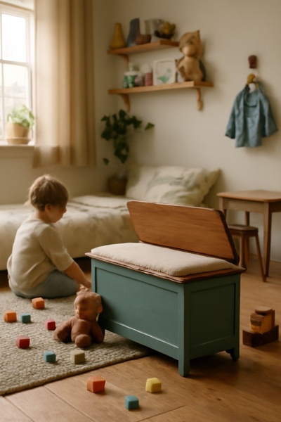 This creative showcases a functional, teal-colored wooden toy storage bench in a soft-lit, tidy child's bedroom setting, emphasizing organized play.