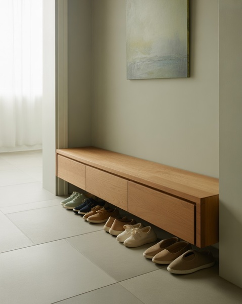 A high-end floating oak shoe bench displayed in a clean, neutral-toned entryway, focusing on product elegance and organized living.