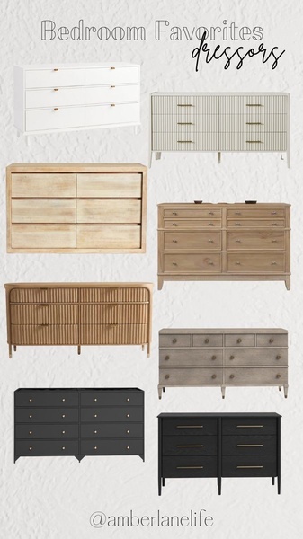 A curated 9:16 grid layout displaying eight diverse dresser styles in neutral tones, designed to appeal to varied aesthetic preferences.