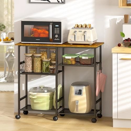 kitchen cart, baker rack, microwave stand, storage cart, kitchen storage shelf, product demo, lifestyle, calm, trustworthy, neutral, brown