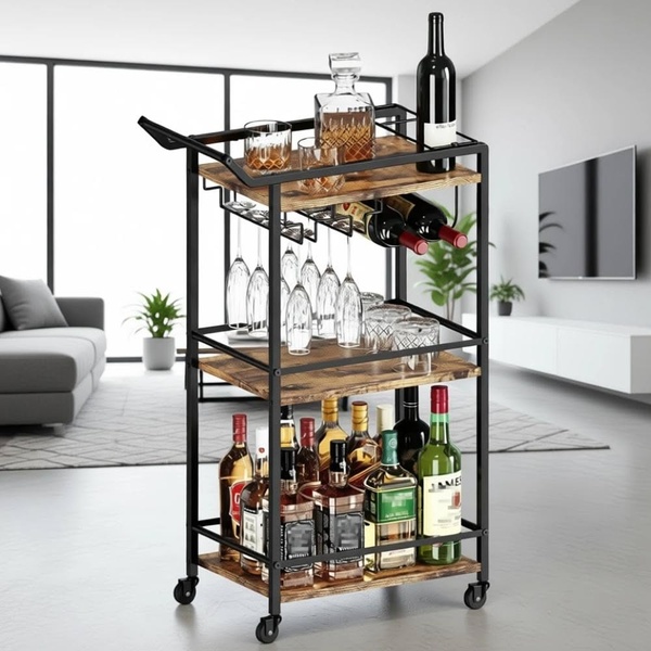A clean, high-quality product hero shot of a rolling bar cart fully stocked with glassware and spirits in a modern living room setting.