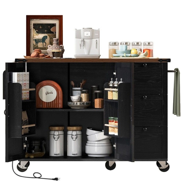 A high-clarity, studio-style shot of a black kitchen utility cart fully loaded with appliances, canisters, and kitchenware.