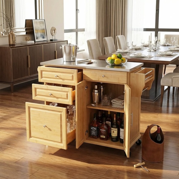 This creative showcases a wooden bar cart with organized glassware and liquor, set against a dining room backdrop to emphasize a lifestyle-focused product hero shot.