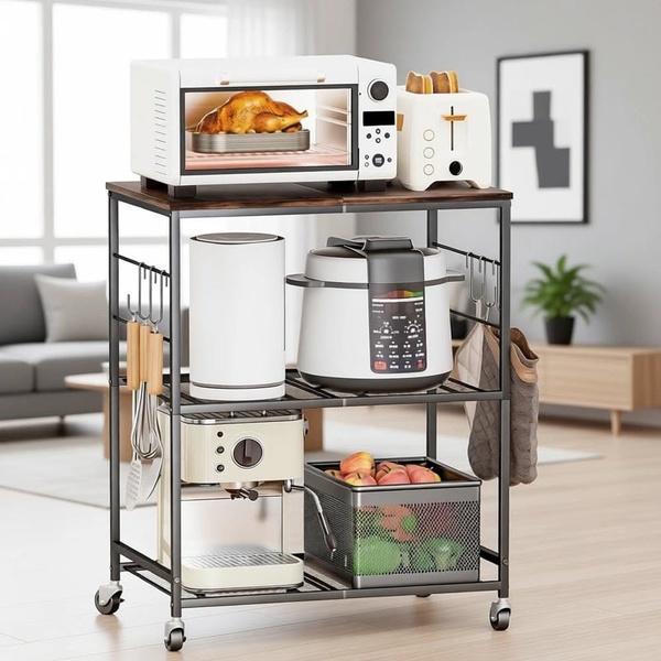 microwave cart, kitchen storage cart, rolling kitchen cart, baker's rack, utility cart, product demo, lifestyle, calm, trustworthy, neutral, brown