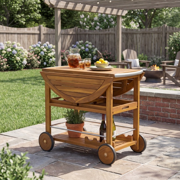 A high-quality hero shot of a wooden patio serving cart set up for outdoor entertaining on a sunny day.