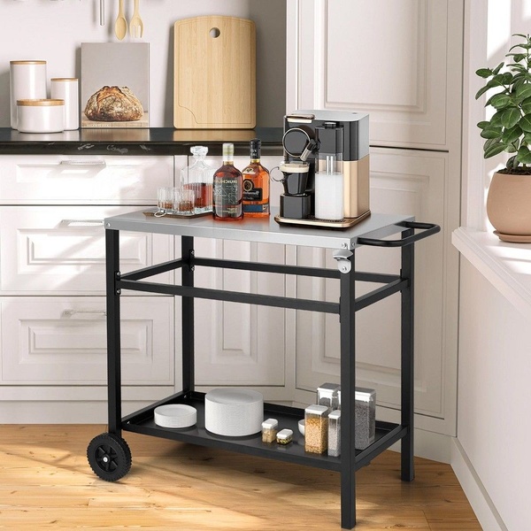 A high-quality lifestyle shot featuring a kitchen cart organized as a coffee station in a bright, modern home setting.