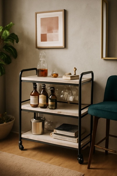 A high-end, clean-styled product shot of a minimalist bar cart, focusing on sophisticated organization and a neutral, warm color palette.