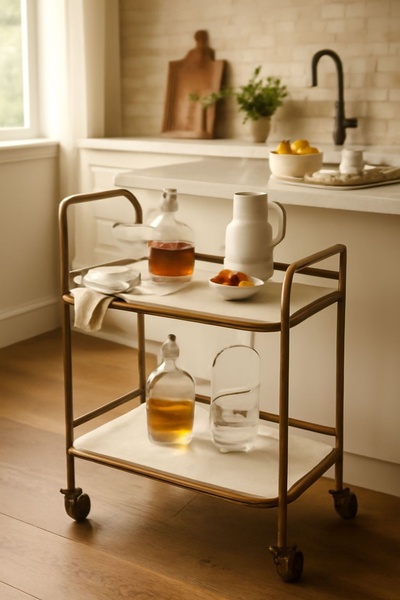 A refined product hero shot featuring a gold-toned bar cart in a sunlit kitchen, emphasizing a sophisticated and minimalist lifestyle aesthetic.