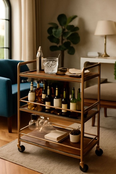 A high-end, gold-toned bar cart staged in a moody, elegant living room setting with soft natural lighting.