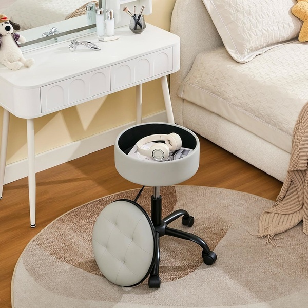 rolling vanity stool, swivel makeup chair, adjustable height stool, storage ottoman stool, wheeled vanity chair, lifestyle, minimalist, calm, trustworthy, neutral