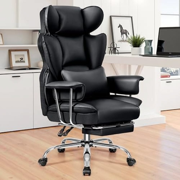 This creative showcases a sleek, black ergonomic office chair in a bright, modern, and uncluttered home office environment.