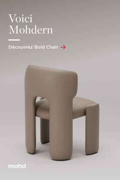 A high-end studio shot of a modern, sculptural chair using a monochromatic color palette and simple typography to highlight form.