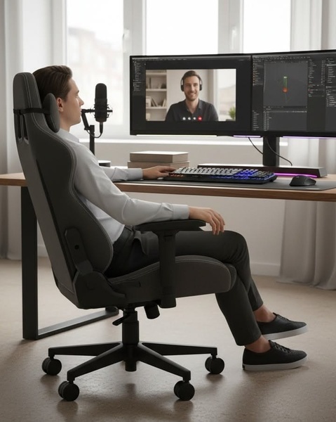 A clean, bright office setting featuring a user in a modern ergonomic chair, highlighting comfort and professionalism for high-productivity environments.