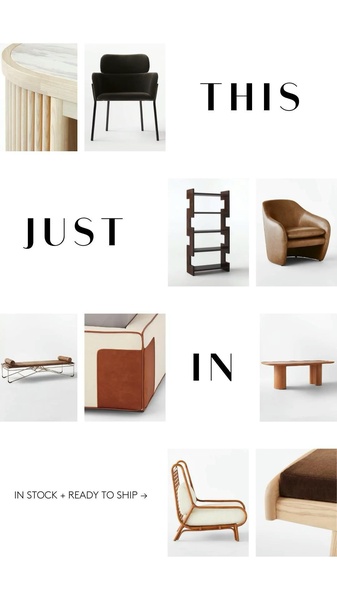 A clean, minimalist collage of various home furniture pieces including chairs, shelving, and tables with bold typography overlay.