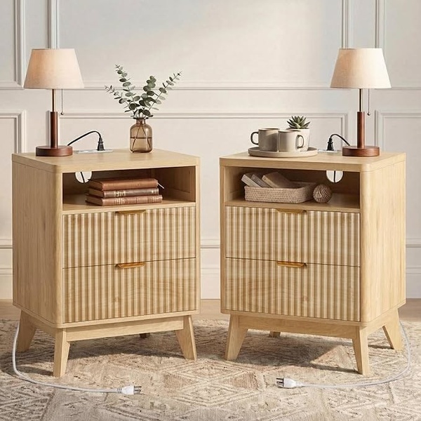 A clean, studio-lit shot featuring two identical nightstands side-by-side to emphasize functional bedroom aesthetics and product detail.