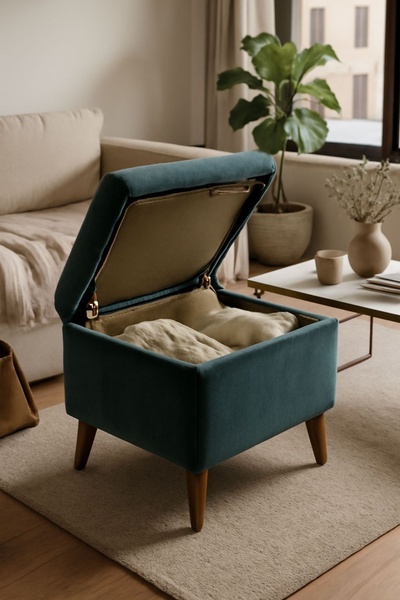 This ad creative shows a teal storage ottoman with the lid partially open, revealing internal storage in a cozy living room setting.