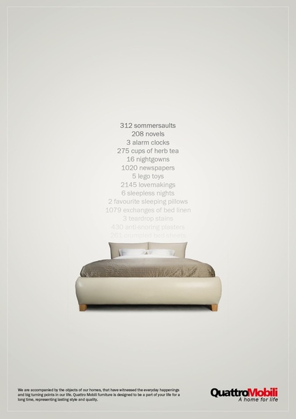 This ad features a minimalist, high-quality image of a double bed overlaid with a list of life events experienced on the mattress, emphasizing longevity and sentiment.