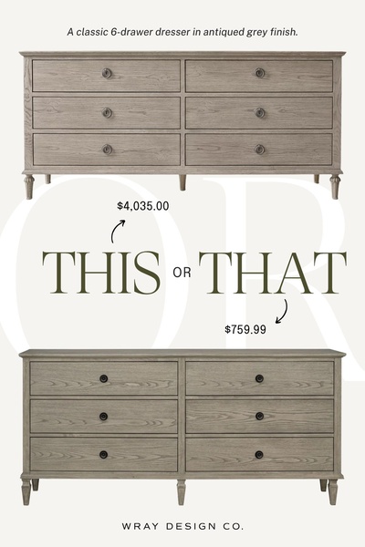A side-by-side comparison creative featuring an identical 6-drawer dresser design at two wildly different price points to highlight value.