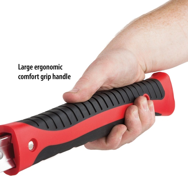 A close-up photograph showcasing a hand holding a hammer with a red and black comfort-grip handle, featuring on-image text highlighting ergonomic benefits.