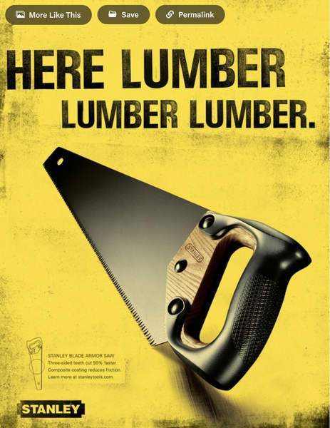 A high-contrast advertisement for a Stanley handsaw that uses clever, repetitive text to draw focus to the product.