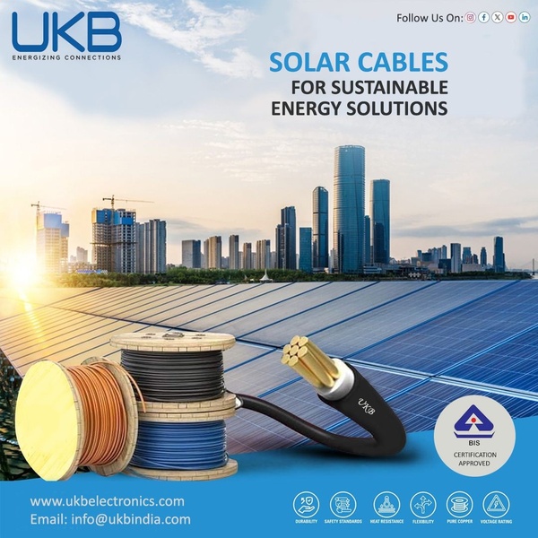 A clean, professional display of industrial cables positioned against a solar energy farm backdrop with clear certification icons.
