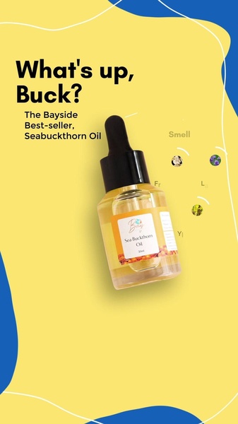 facial oil, seabuckthorn oil, face serum, skincare oil, beauty oil, facial treatment, skin oil, bestseller push, modern typography, playful, energetic, yellow, blue