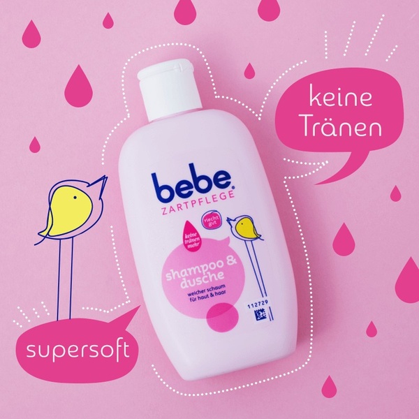 A square ad creative featuring a bottle of Bebe Zartpflege shampoo in a playful, pink-themed illustrative style emphasizing product benefits.