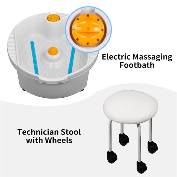 This static square creative displays an electric footbath with a zoomed-in dial view alongside a mobile technician stool to suggest a complete at-home spa set.