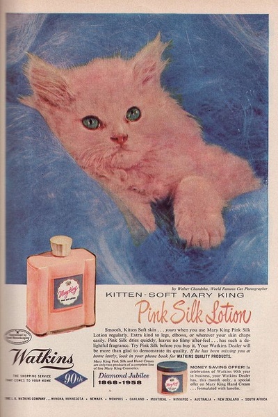 A classic 1958 magazine print ad featuring a kitten to visually convey the benefit of skin-softening hand lotion.