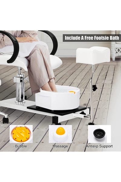 A clear, instructional product ad featuring a foot spa station that highlights key mechanical functions like bubbles, massage, and stability.