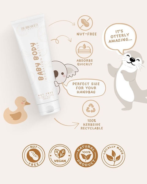 An educational infographic featuring a body butter tube alongside mascot illustrations, benefit icons, and clear, descriptive labels.