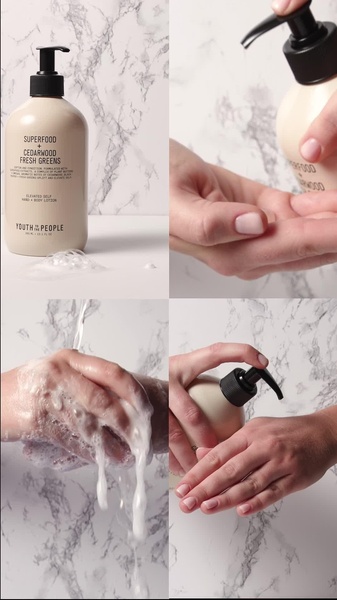 A minimalist, high-quality video sequence demonstrating the application and texture of a Hand and Body Lotion against a marble background.