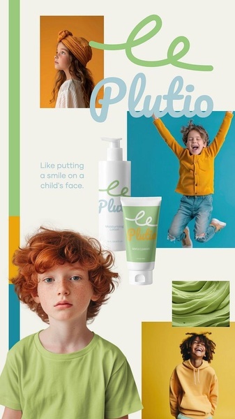 A lifestyle-focused brand collage featuring child models, product shots of moisturizer and cleanser, and a warm, playful color palette.