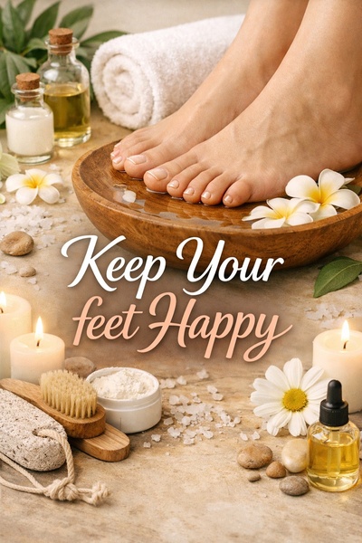 This creative showcases a high-end spa experience for foot care, focusing on natural textures, relaxation, and wellness aesthetics.