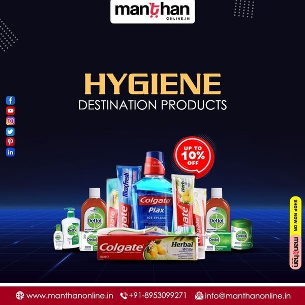 A clean, studio-lit display of multiple hygiene and personal care items featuring a bold percentage-off promotional badge.