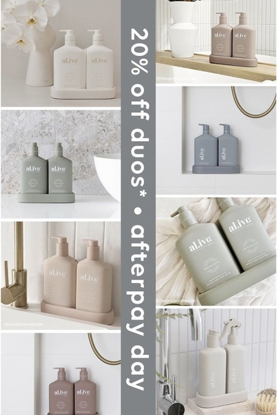 A 2:3 ratio creative showcasing multiple variations of hand wash and lotion sets in varied bathroom environments with a central text-based discount offer.