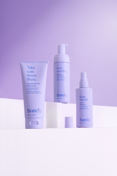 body moisturizer, foam wash, intimate deodorant, personal care kit, skincare products, new arrival, bestseller push, minimalist, fresh, calm, purple, pastel