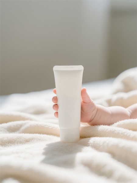 lotion tube, skincare tube, cream tube, moisturizer tube, baby lotion, product demo, minimalist, lifestyle, calm, warm, neutral