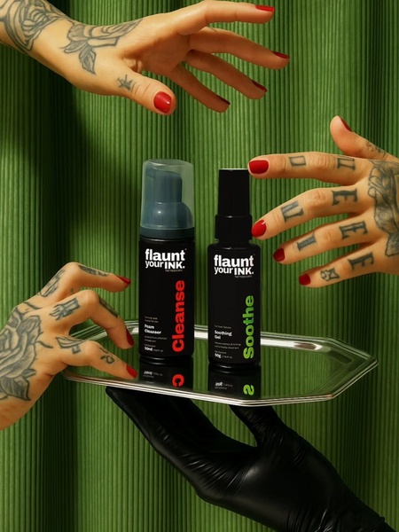 tattoo cleanser, soothing gel, tattoo aftercare, skincare, tattoo care, bestseller push, editorial, minimalist, bold, fresh, green, black