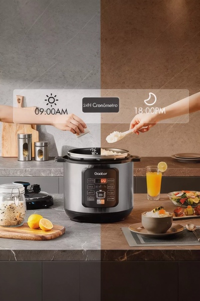 A split-screen visual ad comparing the preparation and consumption stages of a meal using a 24-hour scheduled rice cooker.