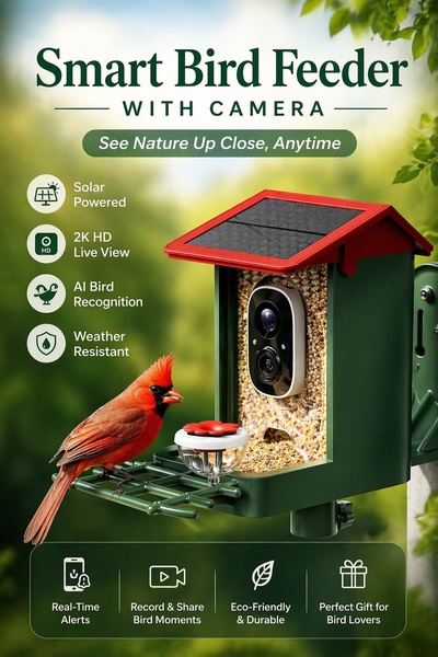 bird feeder, smart feeder, wildlife feeder, bird camera, outdoor camera, bird watching, backyard feeder, product launch, brand awareness, lifestyle, fresh, calm, green, red