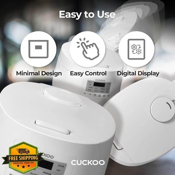 A square format ad creative that uses floating product shots and simple line-art icons to communicate key product features like minimal design and digital controls.