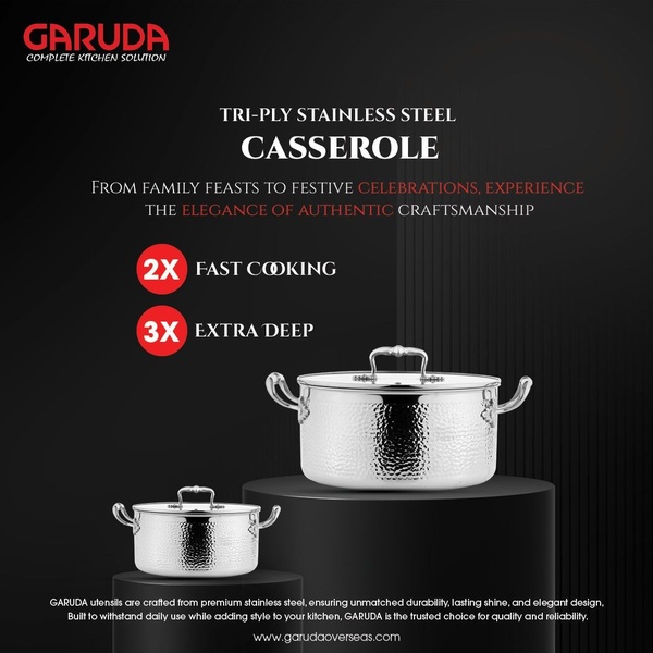 A high-contrast, minimalist ad showcasing a stainless steel casserole set against a dark background, highlighting product speed and depth benefits.